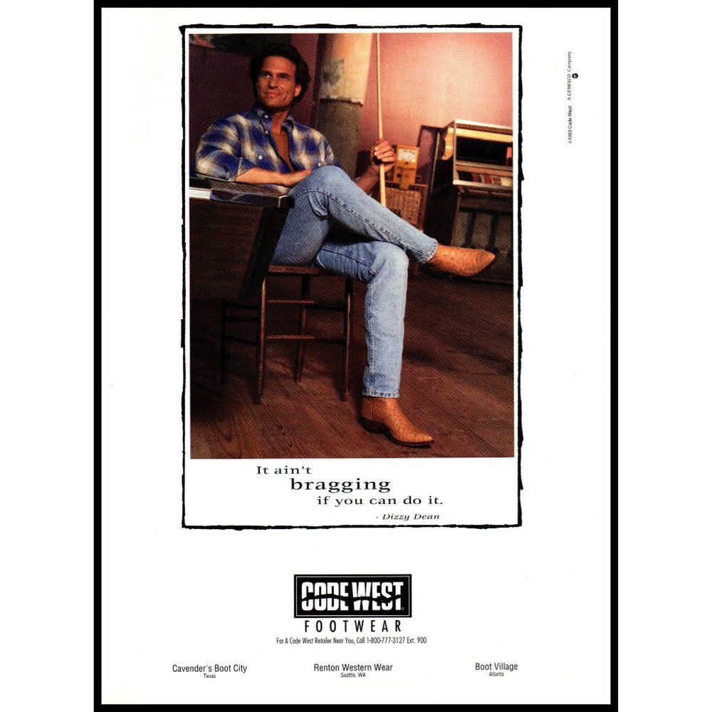 1993 Code West Footwear Ostrich Cowboy Boots Vintage Print Ad Jukebox Wall Art